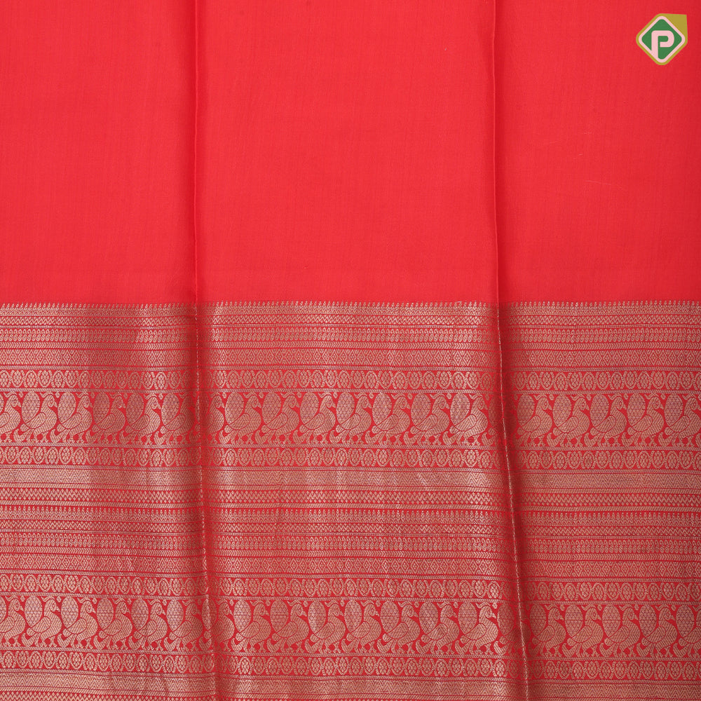 Peach multi color rose bunch and parrot design red silver gold zari peacock multi lines border pattu paavadai lehanka