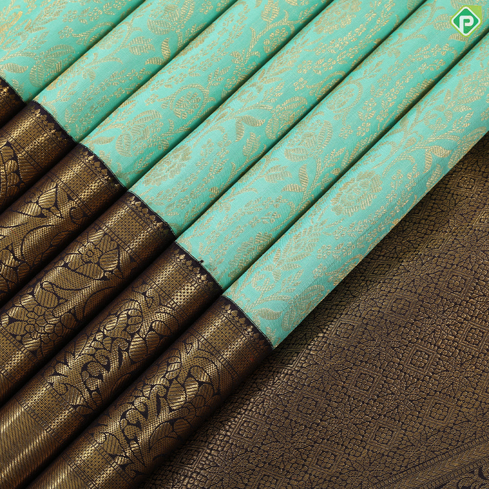 Pista green gold zari grand floral design contrast purple blue gold zari mango rangoli butta border bridal silk saree