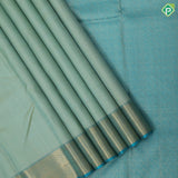 Pista green pink silk thread work embroidered design rexona green gold zari bavanji border traditional silk saree