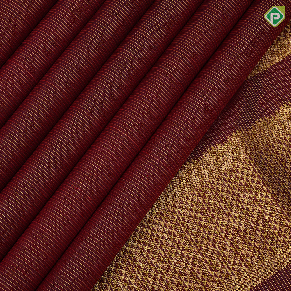 Maroon red gold zari vairaoosi lines design self gold zari mayilkan border 9 yards madisar silk saree