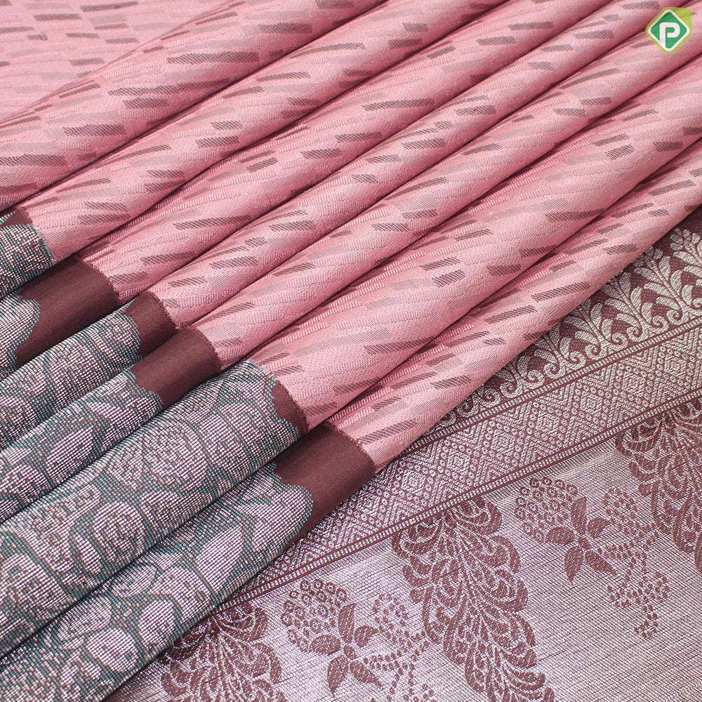 Peach Base Brown and Bamboo Cuts design Maroon brown Border Trendy Designer Silk Saree