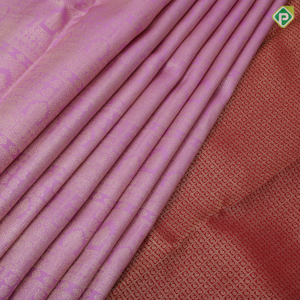 Baby pink gold zari grand design contrast red gold zari double line border bridal silk saree