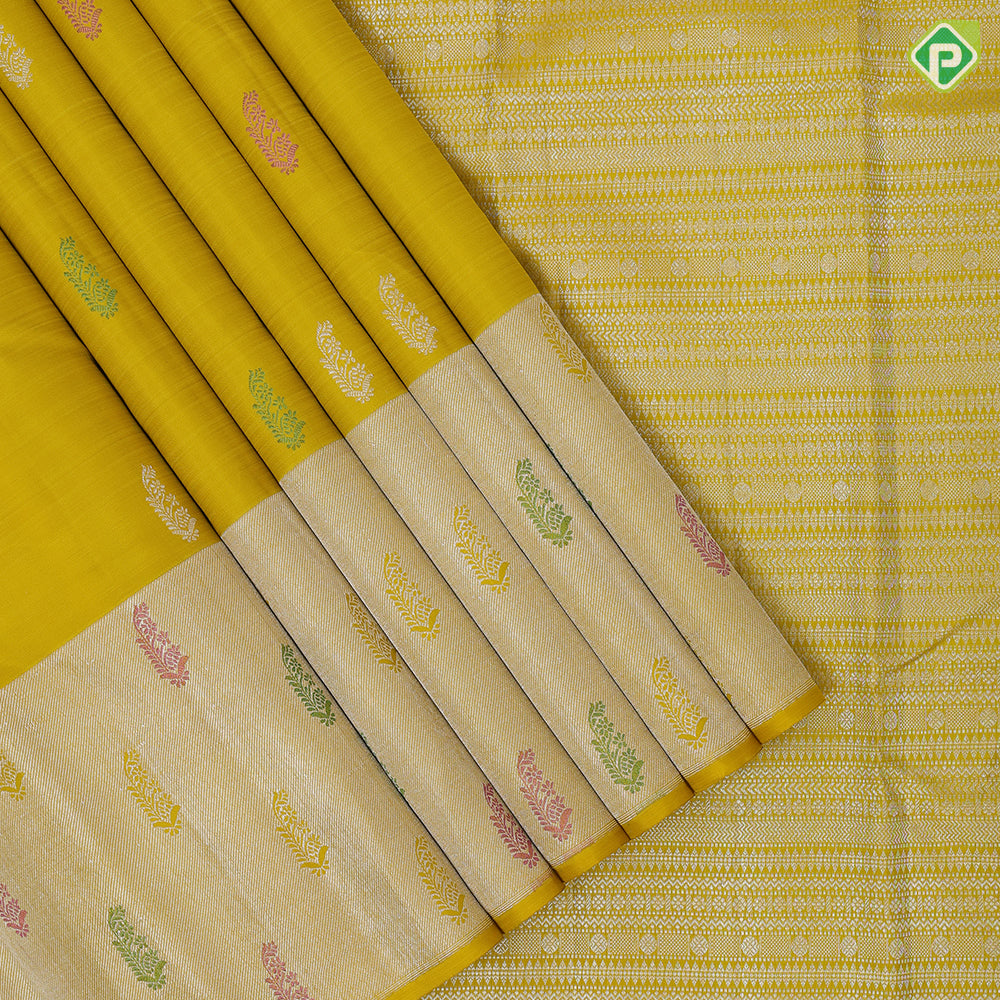 Lemon yellow silver zari fancy flower butta self silver zari and multi color butta border traditional silk saree