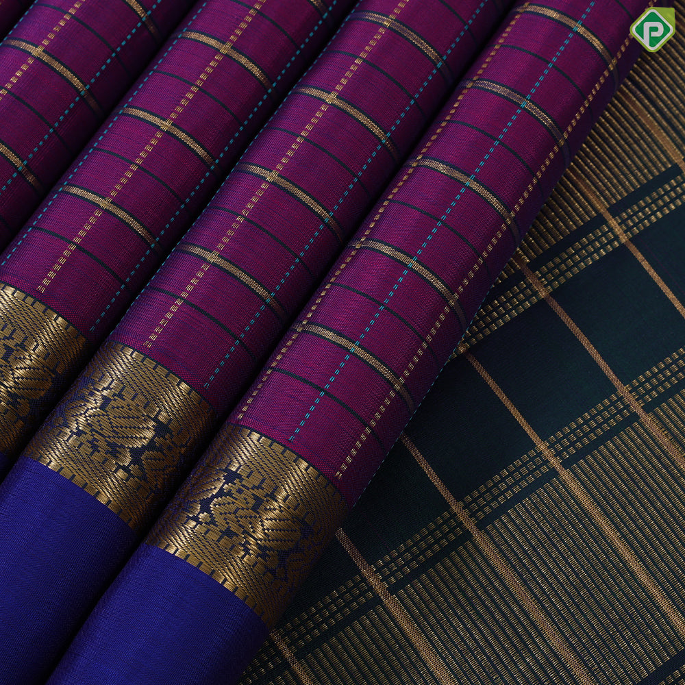 Purple Pink Gold Zari Kattam (Checkered) Contrast Gold Zari Rettapet Border Traditional Silk Saree