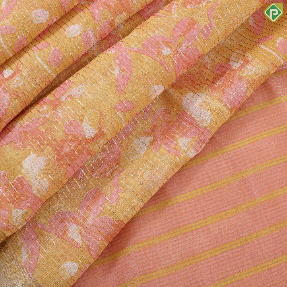 yellow base tricolor vairaoosi and painting design self gold zari bavanji border fancy cotton saree