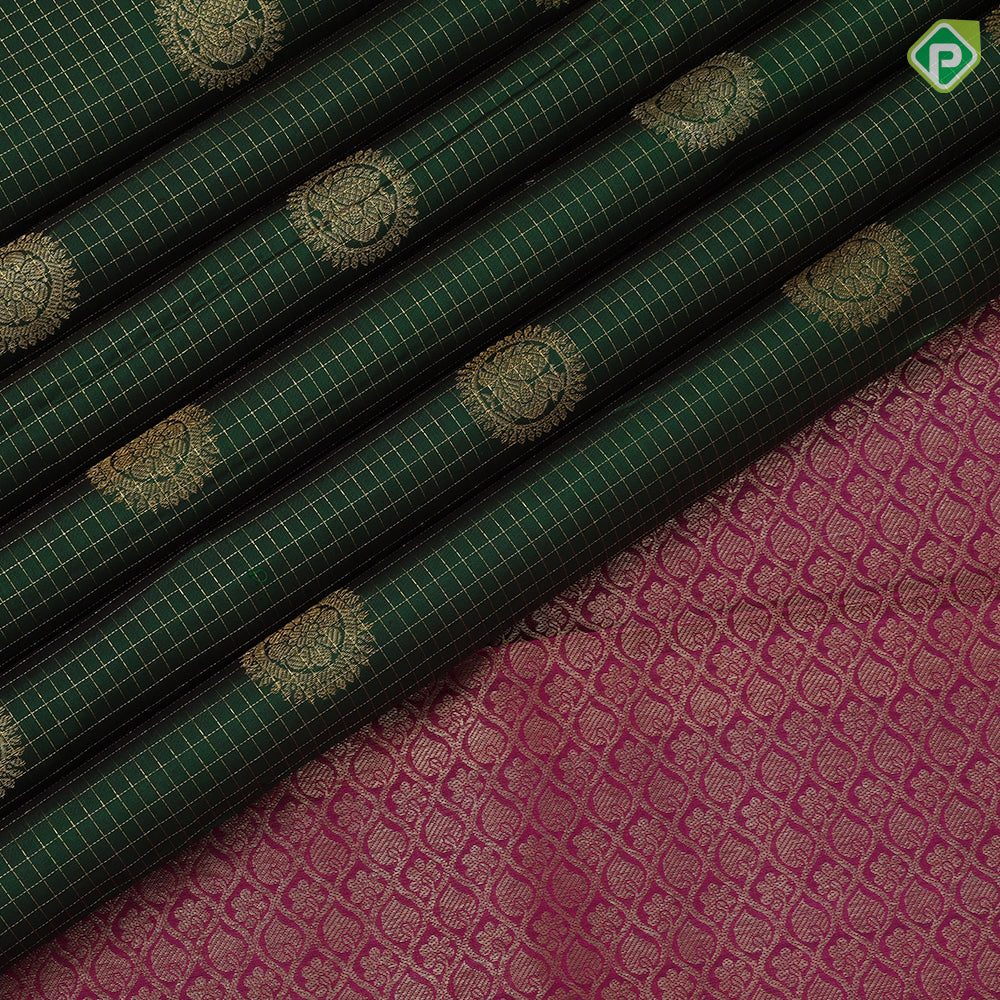 Bottle Green Gold Zari Small Checks Chagaram Butta Magenta Colour Elephant Yali Border Design Traditional Silk Saree