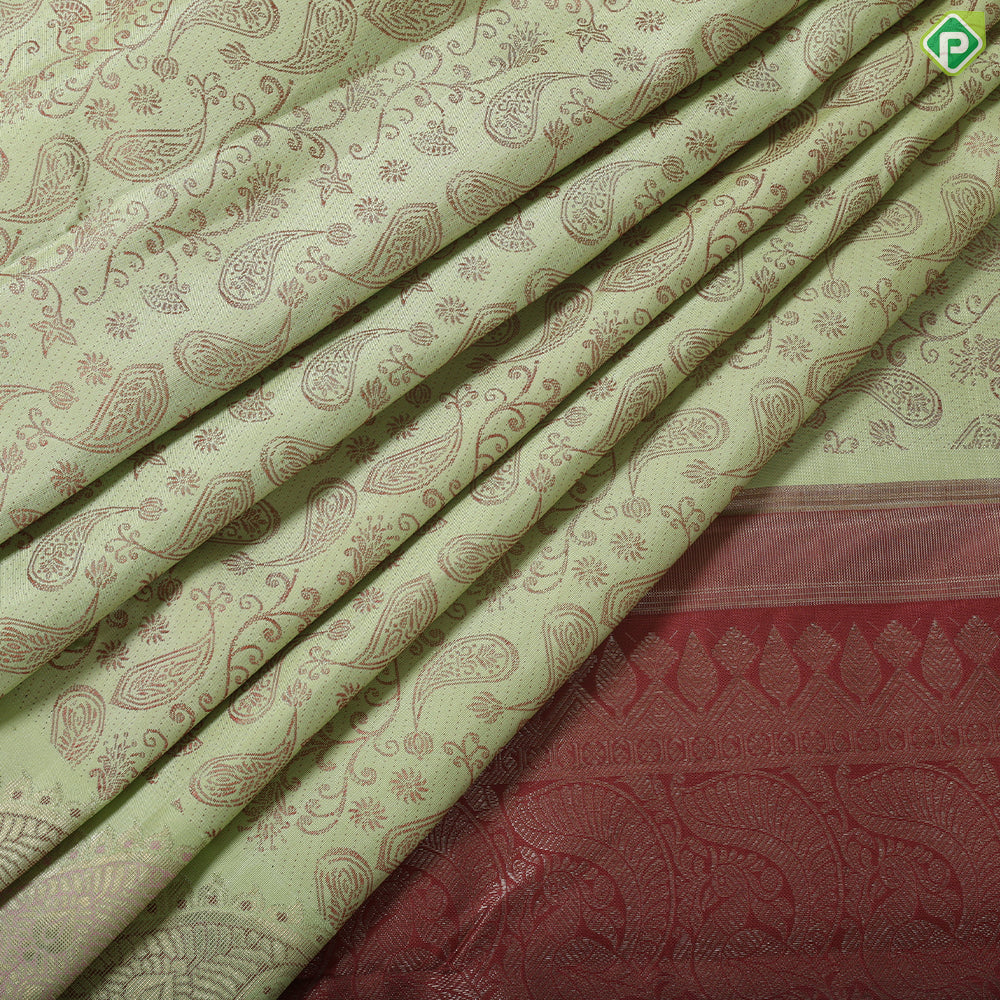 Eliche green onion silk thread embossed grand design self silver zari meena work border trendy silk saree