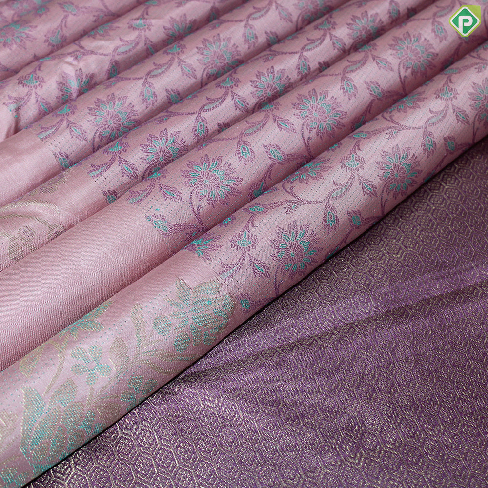 Peach Pink Flower Punch Thread work  Design Gold Zari With Self Color Border Trendy Silk Saree