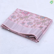 baby pink base kalamkari floral design silver zari border fancy cotton saree
