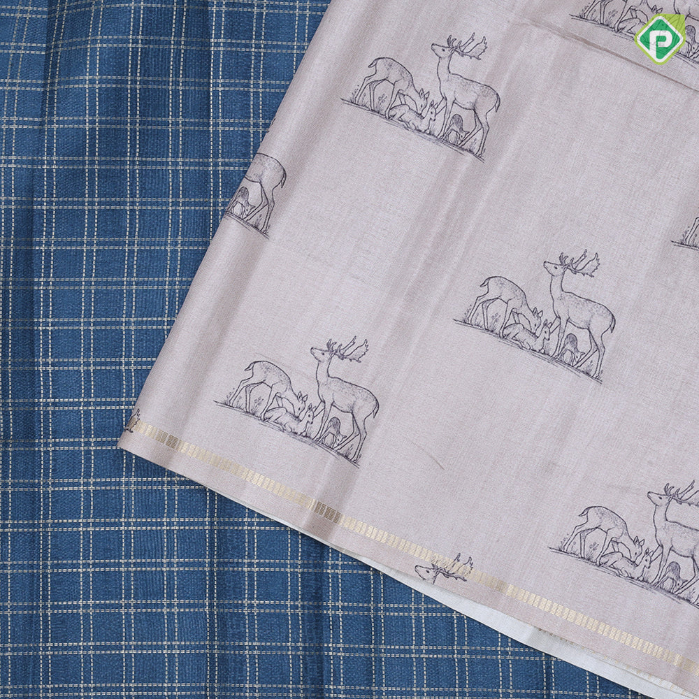 Dark color gold zari vairaoosi checks design cream deers printed fancy cotton saree