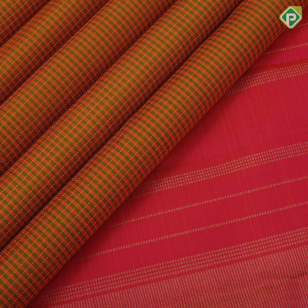 orangish yellow with leaf green lines and thread works design plain rose pink gold zari rettapettai border traditional retro silk saree