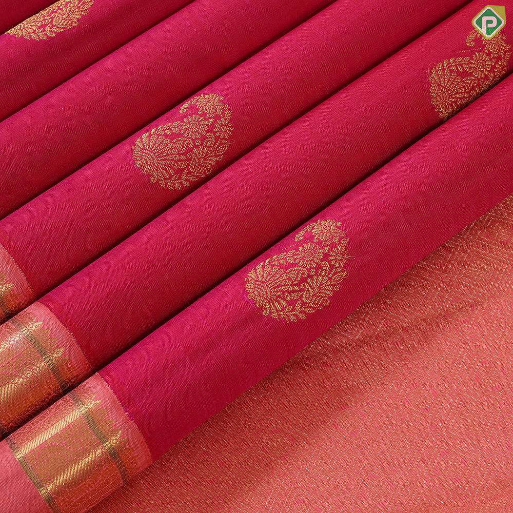 Rani pink gold zari mango butta motifs peach with gold zari silk thread lines border traditional silk saree