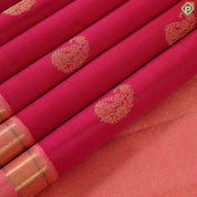 Rani pink gold zari mango butta motifs peach with gold zari silk thread lines border traditional silk saree