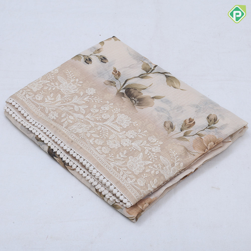 white base digital floral printed design embroidered cut work border fancy cotton saree