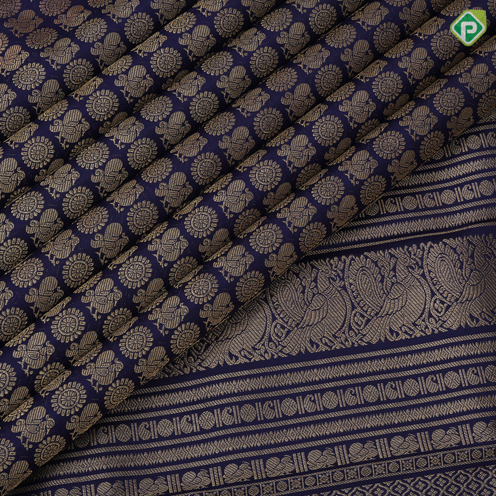 Indigo Blue gold zari peacock rudraksham full body butta self color gold zari multi design lines bridal silk saree