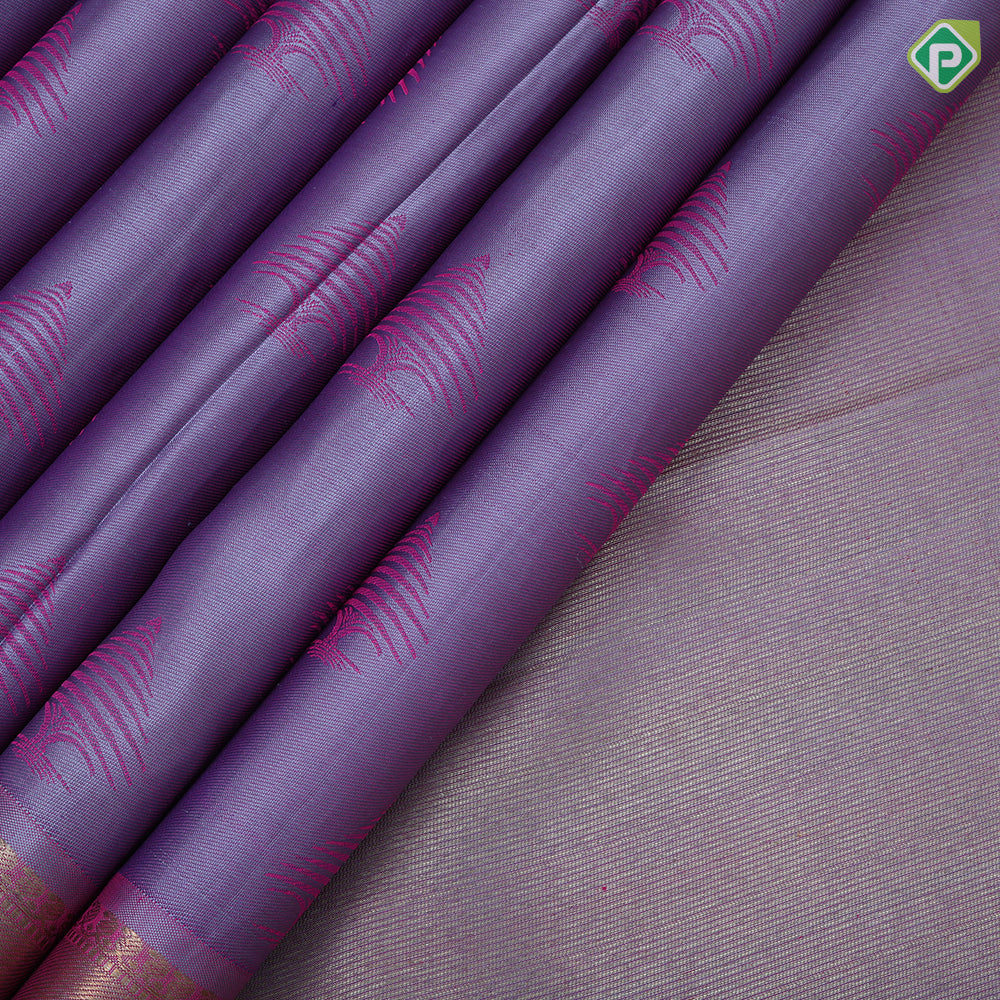 Lavender with silk pink fancy tread butta multi color mountain scenery design border trendy silk saree