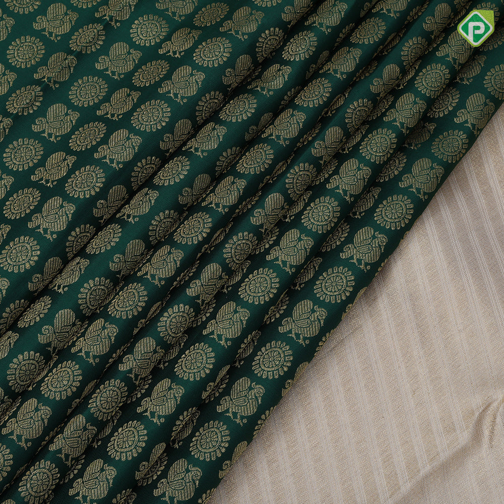 bottle green gold zari chakkaram and annam butta contrast sandal gold zari border grand bridal silk saree