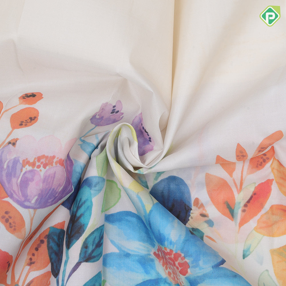 Milk white multi color kalamkari printed design self gold zari multi butta lines border pattu paavadai lehanka