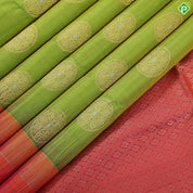 Parrot green silver gold zari round chakram butta design rani pink plain border soft silk saree