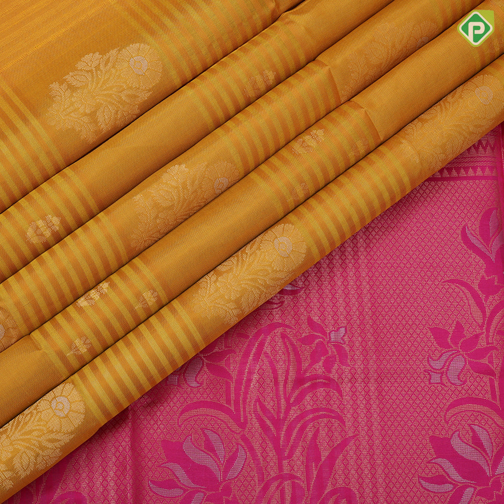 Purple blue gold zari flower bunch design contrast pallu and gold zari border soft silk saree