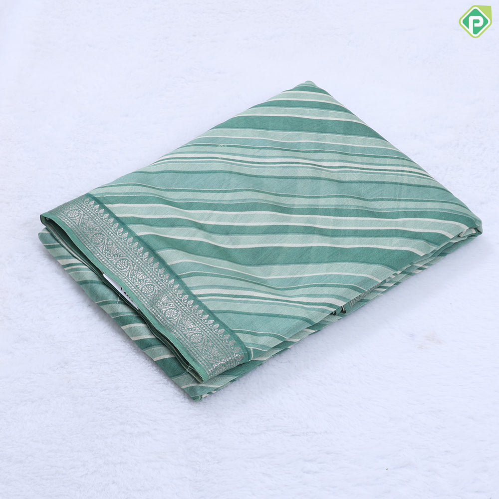 Orange base tricolor cross stripes design self silver zari rangoli border cotton saree