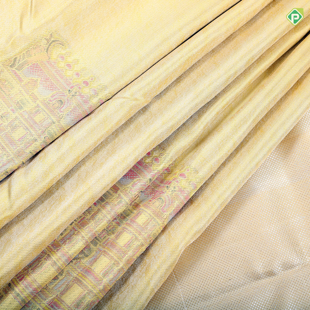 Lemon yellow silk thread grains design multi color temple tower weaved border signature silk saree