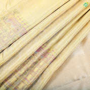 Lemon yellow silk thread grains design multi color temple tower weaved border signature silk saree