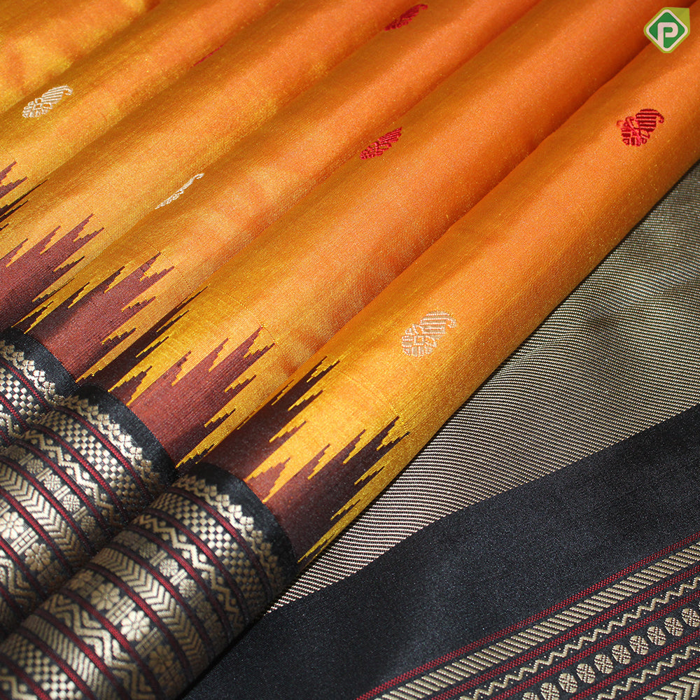 Mustard Mango and Flower Motif With Block Color Temple Design Border Traditional Silk Saree