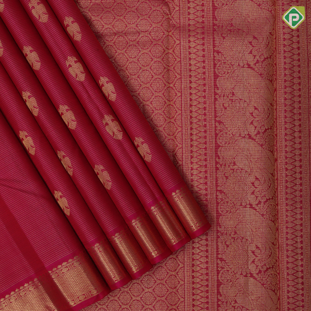 Rani Pink Gold Zari Vairaoosi Lines Gandaberunda Butta Design Self Colour Ruthracham Mayilkan Border Design Traditional Silk Saree
