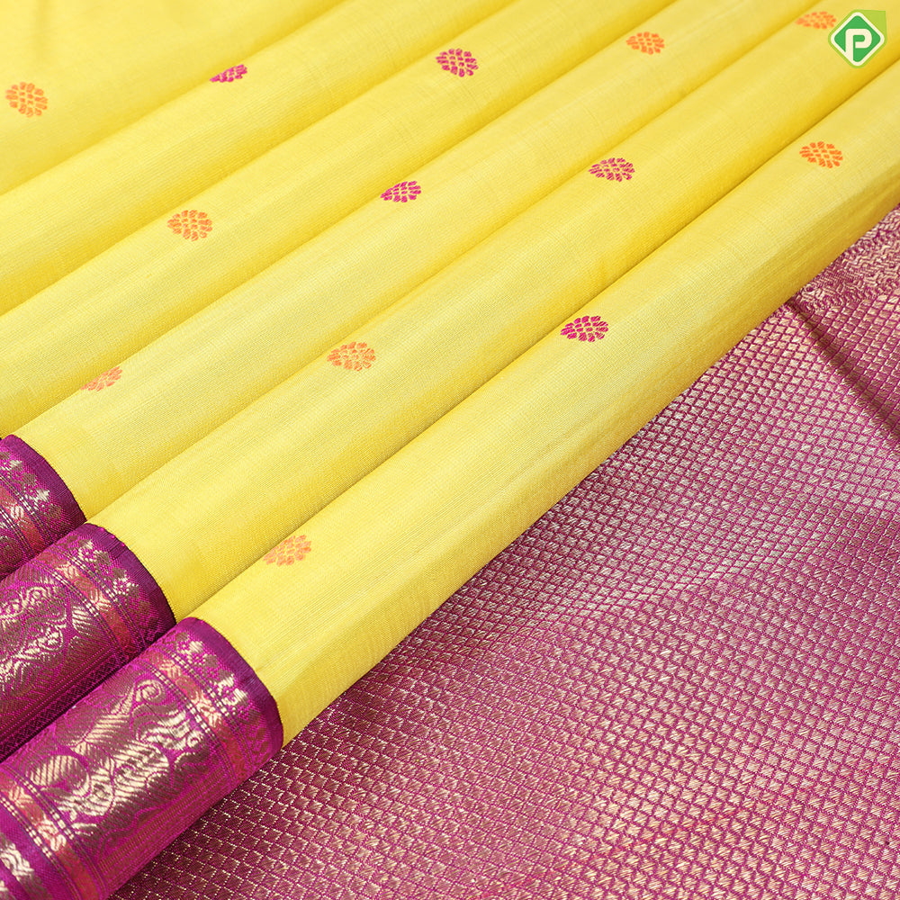 Corn Yellow Silk Thread Butta Design Rani Pink Korvai Border Traditional Silk Saree