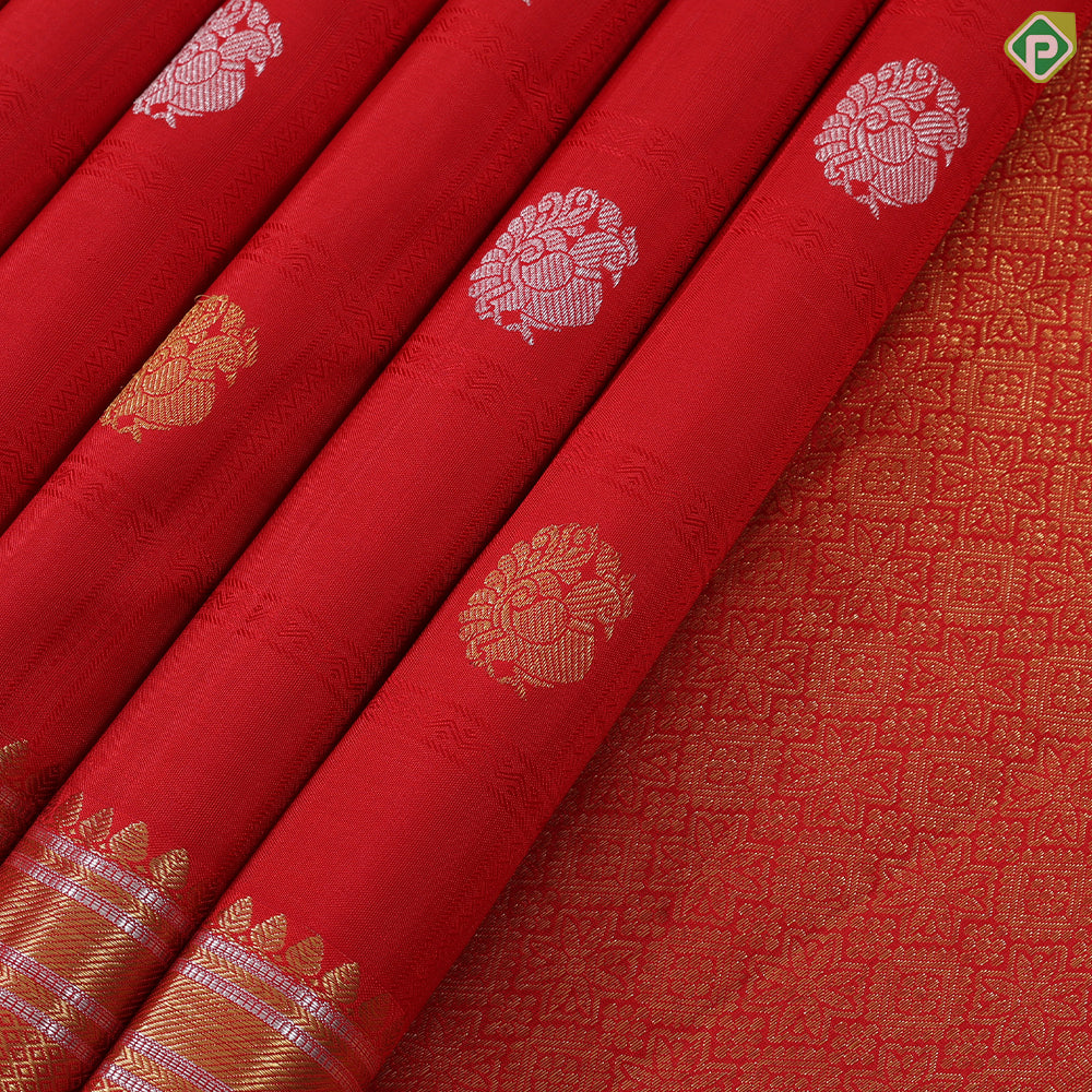 Chilly Red Gold Zari Peacock Butta Self Colour Edge Green Border Traditional Silk Saree