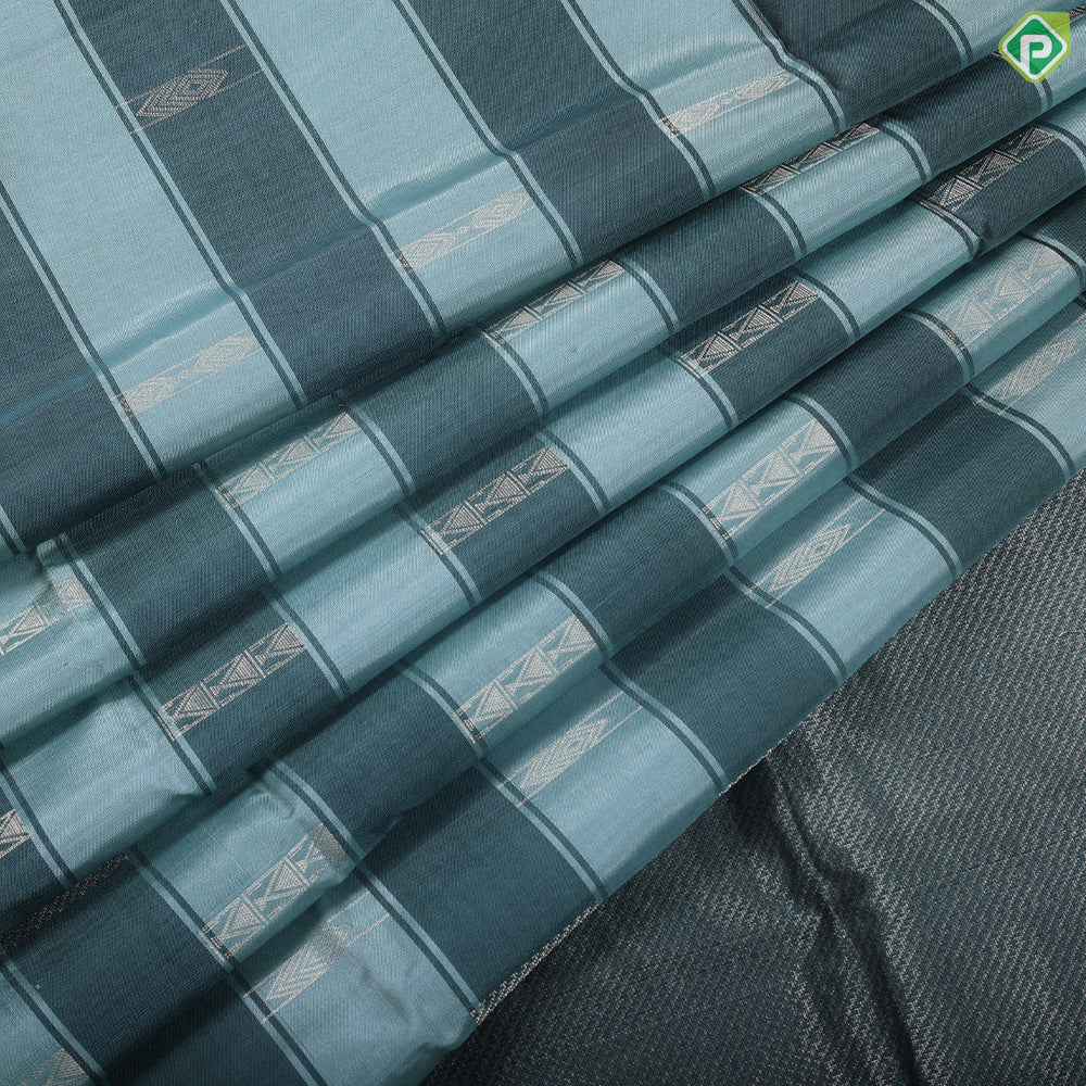 Bottle green rama green gold zari combo partation lines borderless soft silk saree