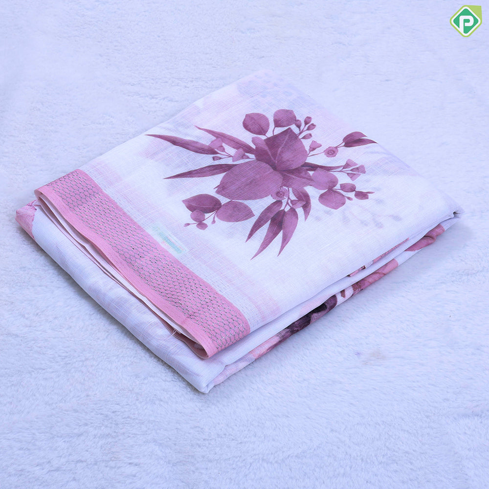 White base Lavender big flowers design lavender with silver zari border linen cotton fancy saree