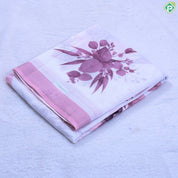 White base Lavender big flowers design lavender with silver zari border linen cotton fancy saree