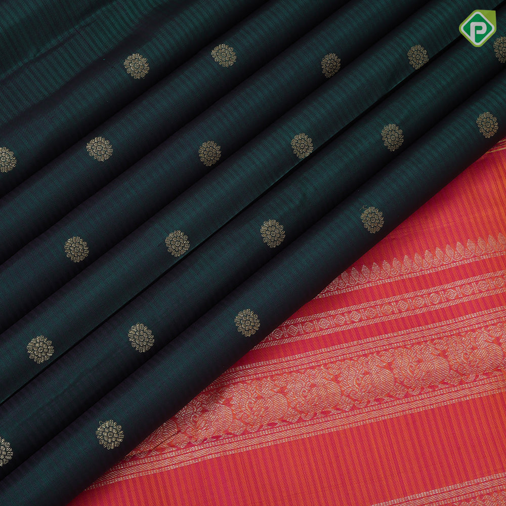 Bottle Green Gold Zari Flower Butta Design Magenta And Purple Colour Line Design Traditional Silk Saree