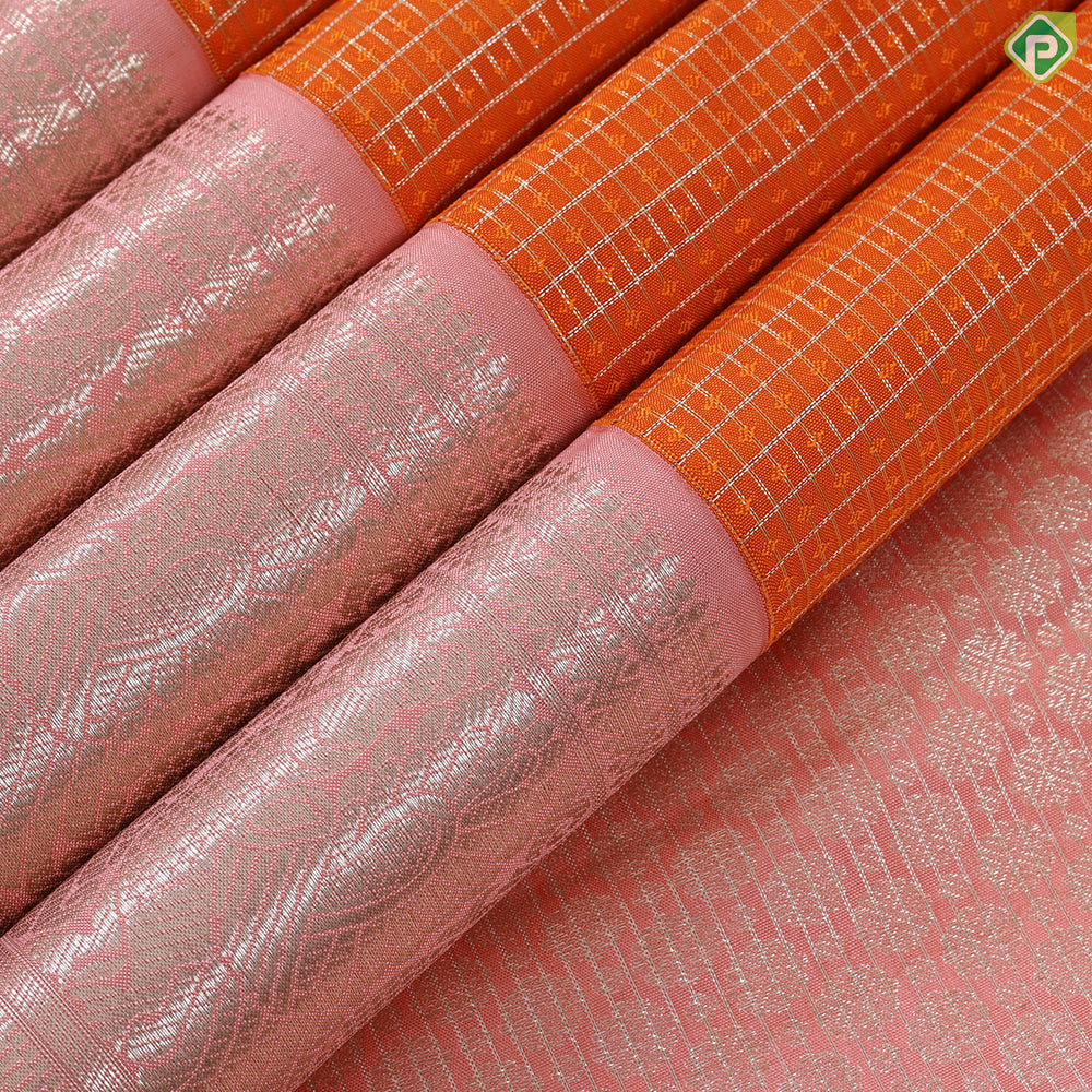 Fanta orange Silver Zari kattam (Checkered) design peach border traditional silk saree