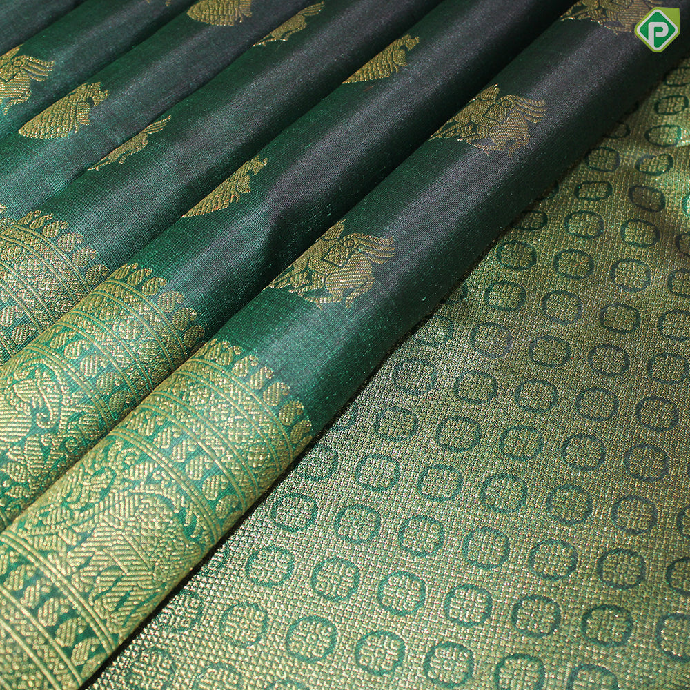 Green Color Horse Motif Gold Zari With Self Color Border Traditional Silk Saree