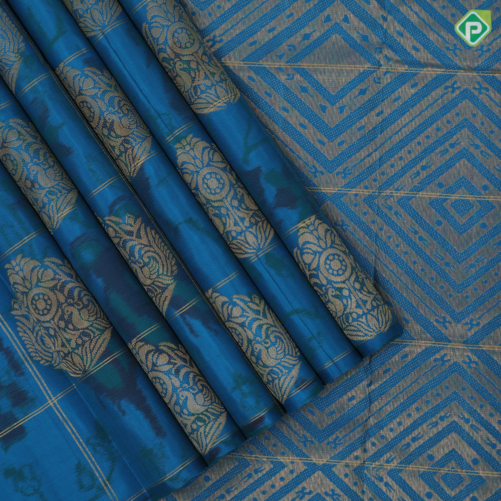 peacock blue self designed round butta and checks ikkat design borderless ikkat fusion silk saree
