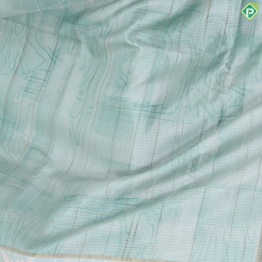 Mint green geometric design zari vairaoosi lines self colour flying fish embroidered fancy cotton saree