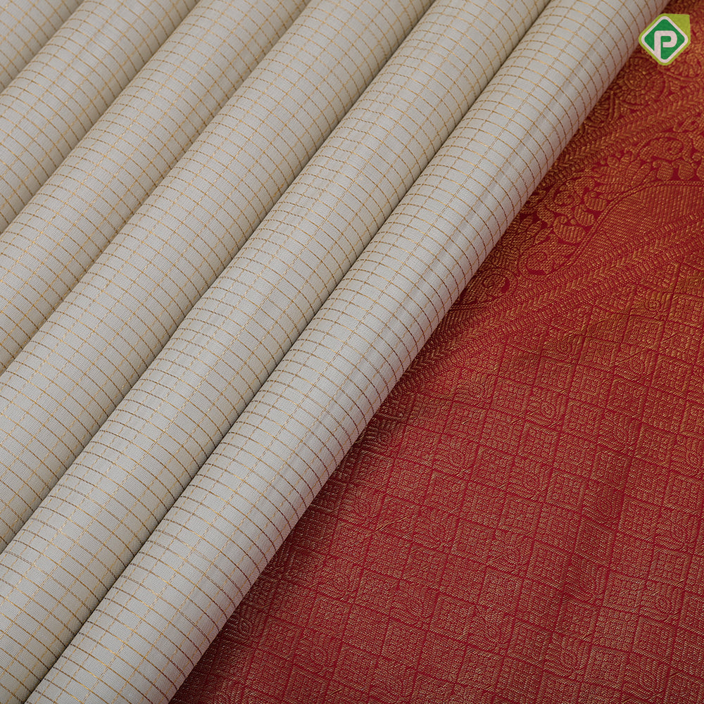 Milk white gold zari vairaoosi micro checks contrast maroon gold zari green edge padded retta pett border vintage silk saree
