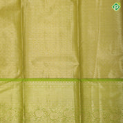 Orange and green base silver gold zari fancy design leaf green gold zari rangoli border pattu paavadai lehanka