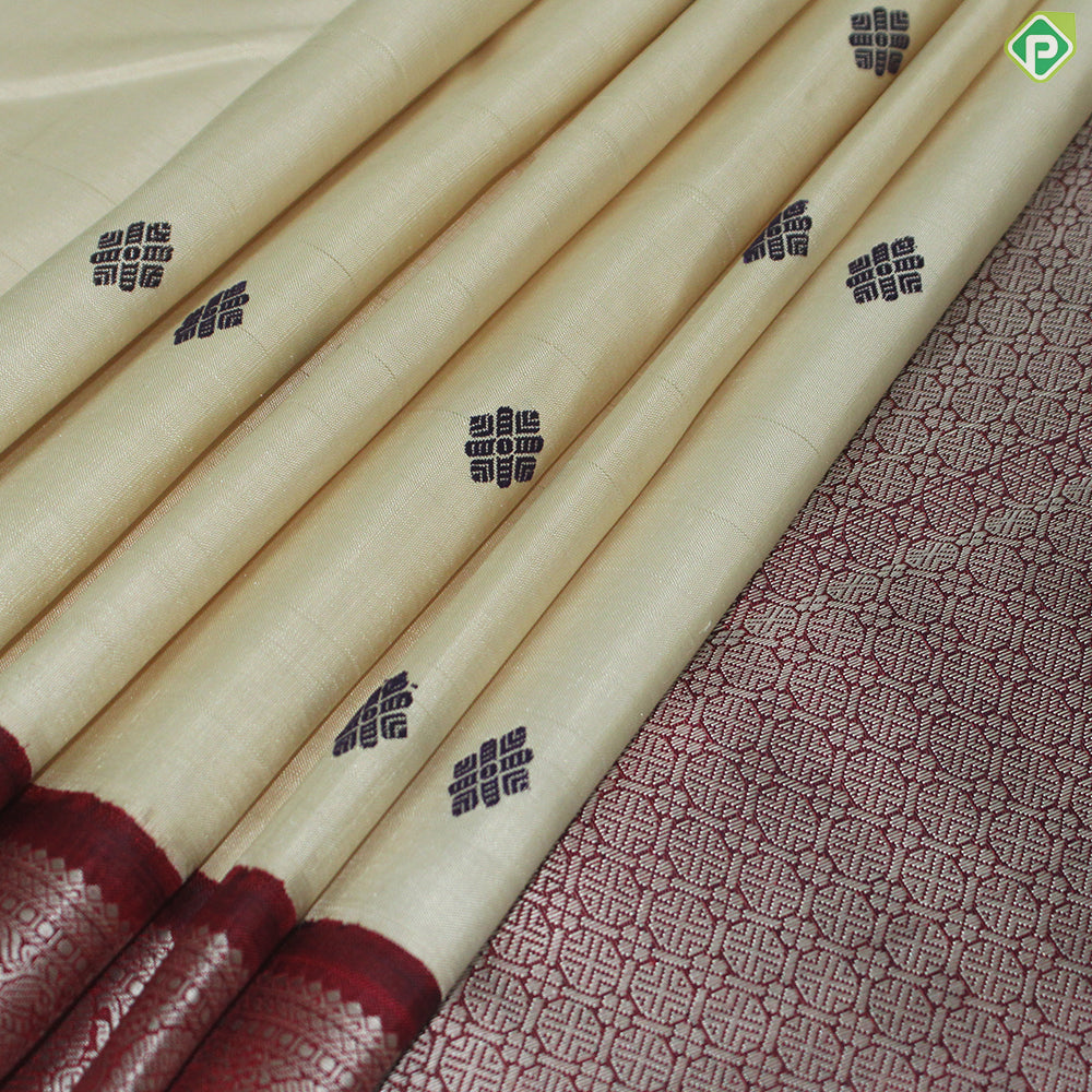 Cream Color Flower Motif With Red Color Peacock Design Border Thread Work Silk Saree
