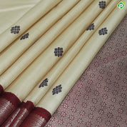 Cream Color Flower Motif With Red Color Peacock Design Border Thread Work Silk Saree