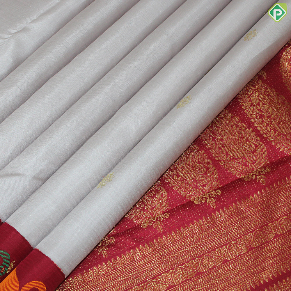 Peach Cream Gold Zari Motif With Tomato Red Meena Work Border Traditional Silk Saree