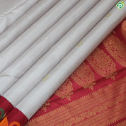 Peach Cream Gold Zari Motif With Tomato Red Meena Work Border Traditional Silk Saree