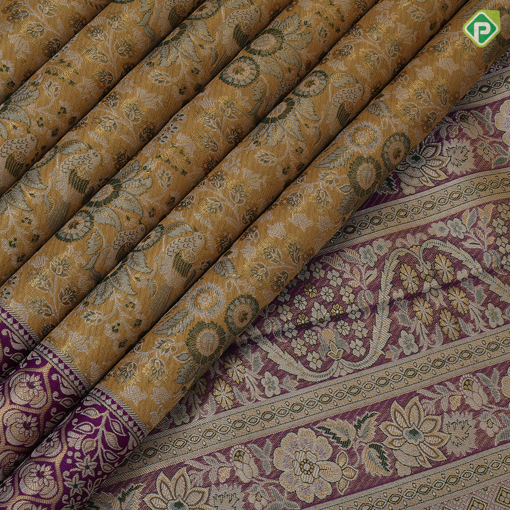 Lemon green silver gold zari silk thread meena work Purple gold zari meena work border grand tissue silk saree