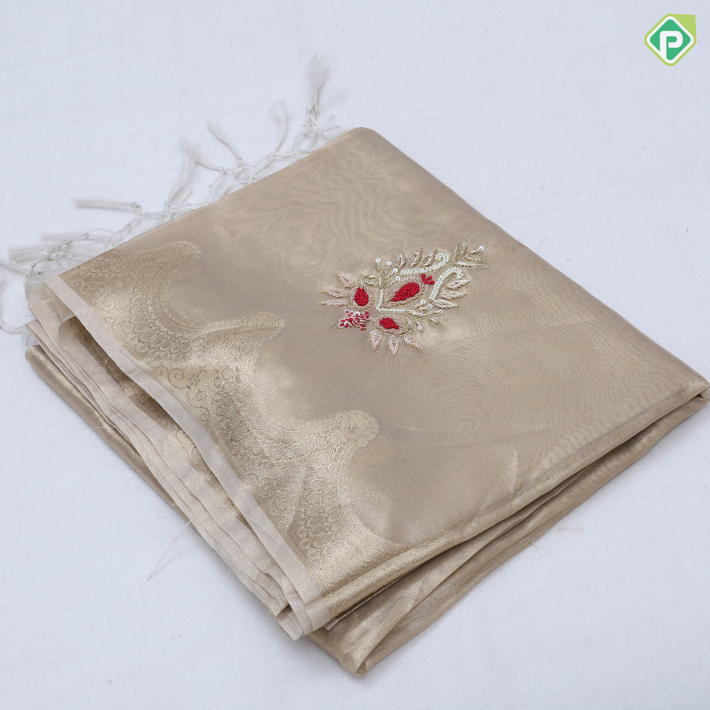 Pastel shade tissue Aari work flower design self gold zari cut border trending fancy tissue saree