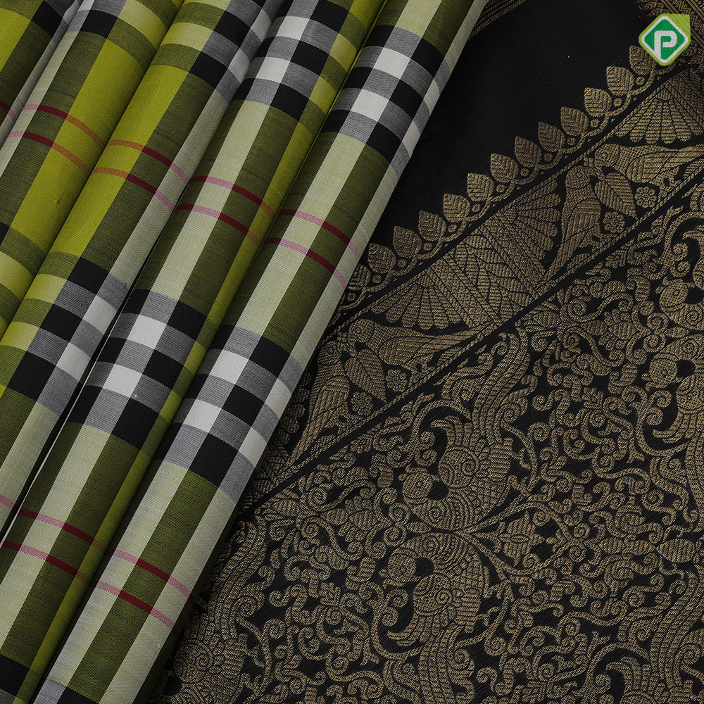 Apple green base multi color mardas checks design black color silver gold zari banaras style border traditional silk saree