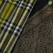 Apple green base multi color mardas checks design black color silver gold zari banaras style border traditional silk saree