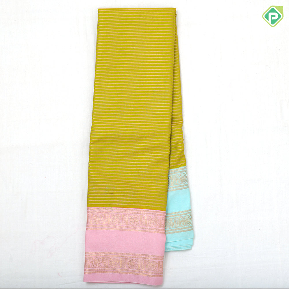 Lemon green gold zari velthari lines design paalum pazhamum design retta pett border art silk saree